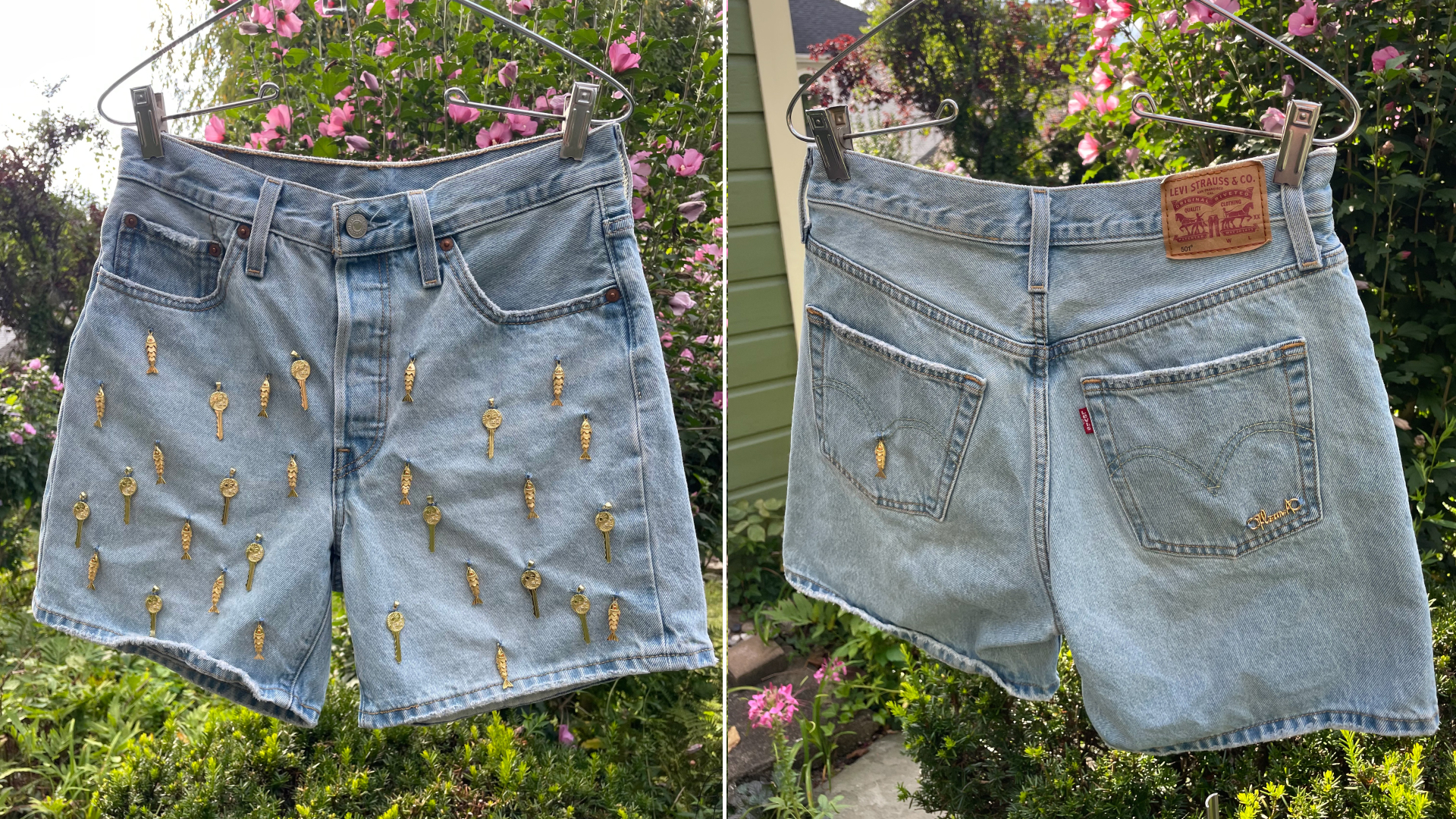 a pair of levi&#039;s shorts customized with fish charms