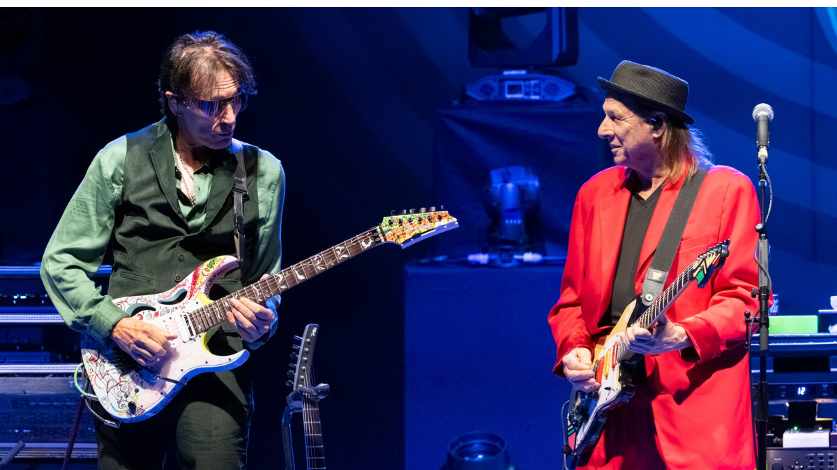 Steve Vai and Adrian Belew of Beat perform at Quarry Amphitheater At UC Santa Cruz on October 09, 2026 in Santa Cruz, California