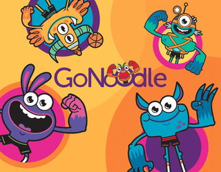 Cartoon characters standing around a GoNoodle logo