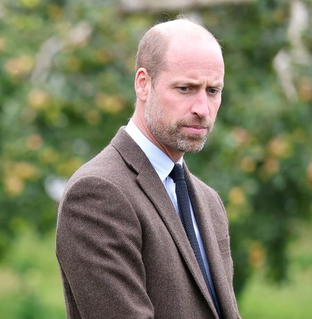 Prince William looking serious in front of an apple tree