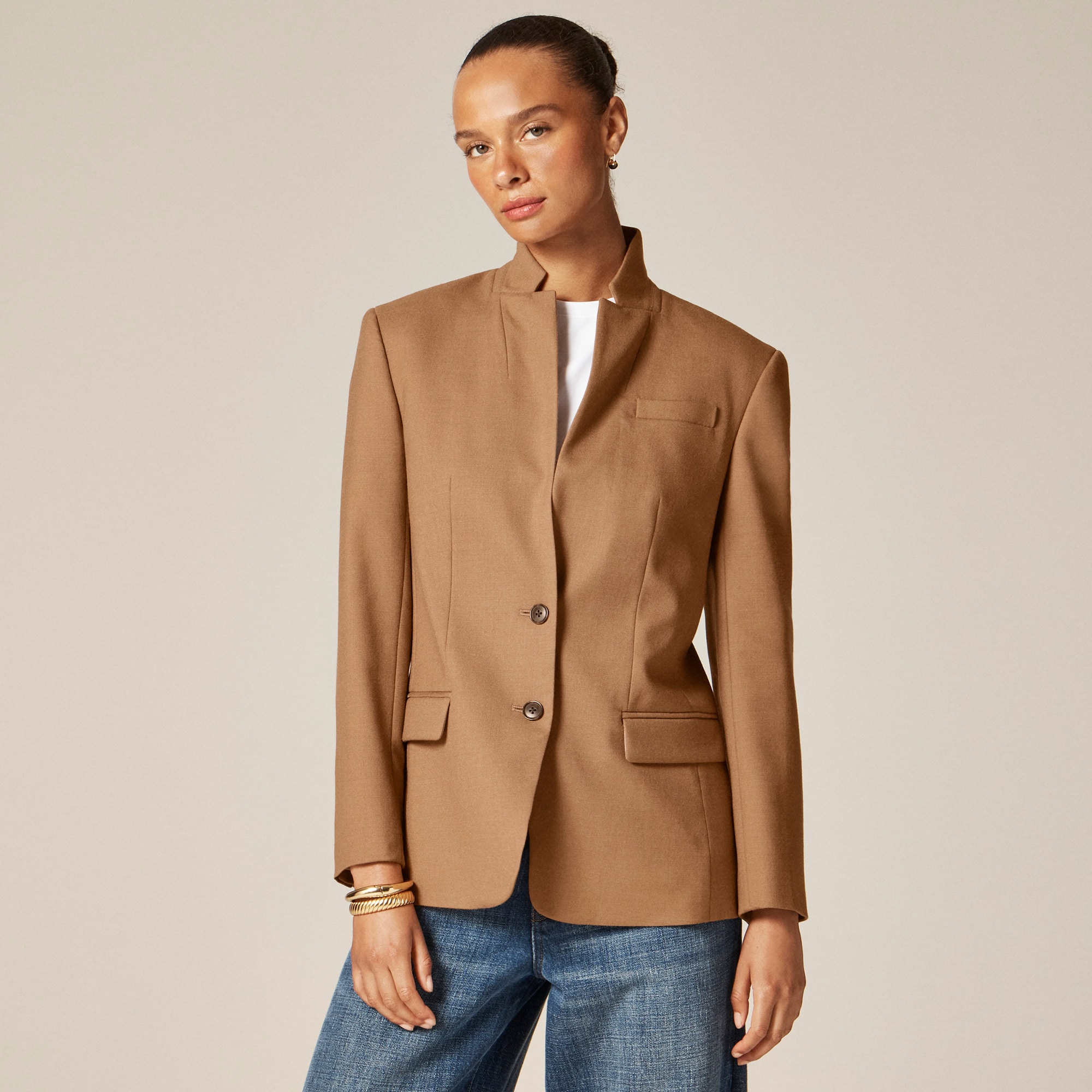 Standing Collar Blazer in Wool-Blend Flannel