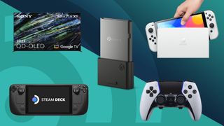 Black Friday gaming deals artwork featuring a Steam Deck Sony TV, DualSense Edge, Seagate expansion card, and Nintendo Switch OLED