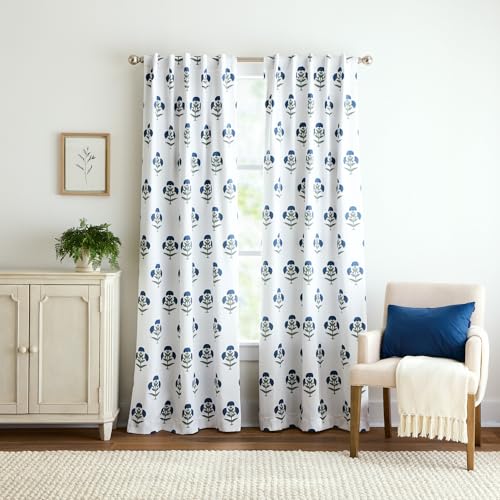 Martha Stewart Blue and White Floral Blackout Window Curtains for Living Room or Bedroom - 37" X 84" &amp;ndash; Set of 2 &amp;ndash; Block Print Flowers