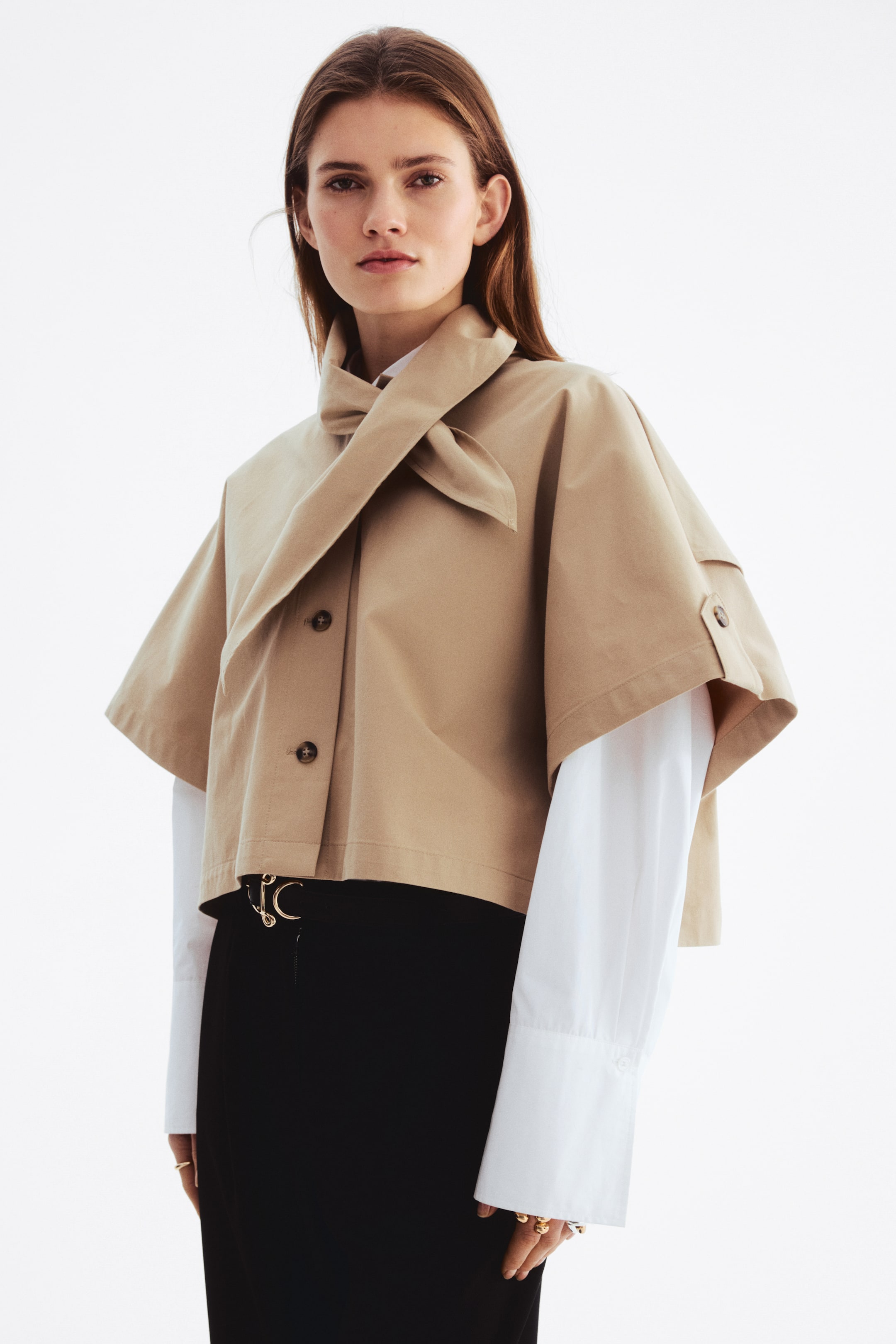 Scarf-Detail Trench Cape - Light Beige