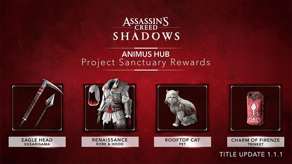 AC Shadows Animus Hub Sanctuary rewards lineup.