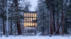 cabin exterior in the snow