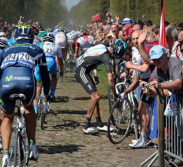 Team Sky's Brad Wiggins and Geraint Thomas came to grief in the Arenberg forest.