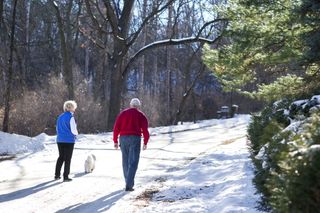 Senior couple walks dog in Rochester, Minnesota