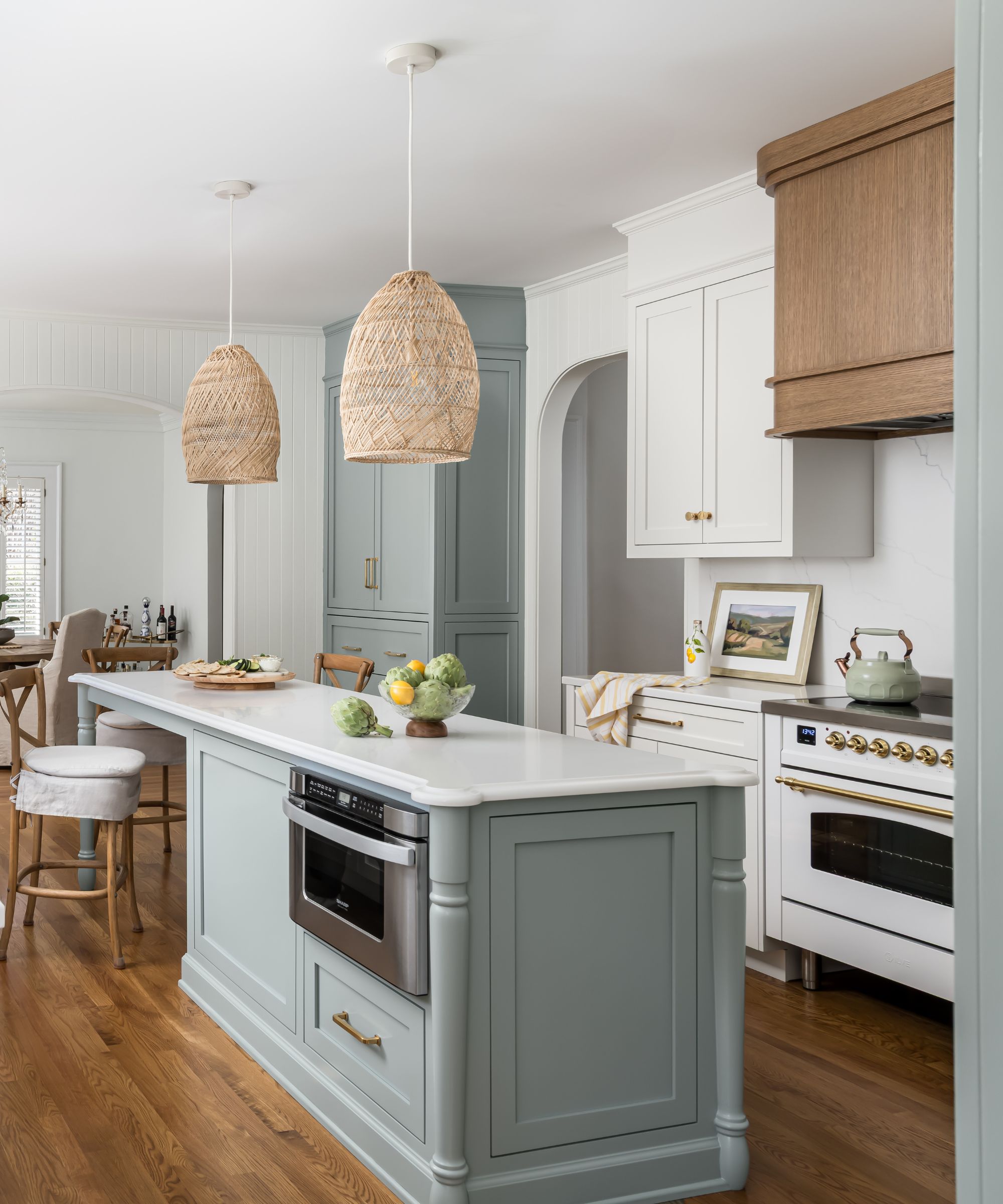A blue and white kitchen with Dupont countertop edge details
