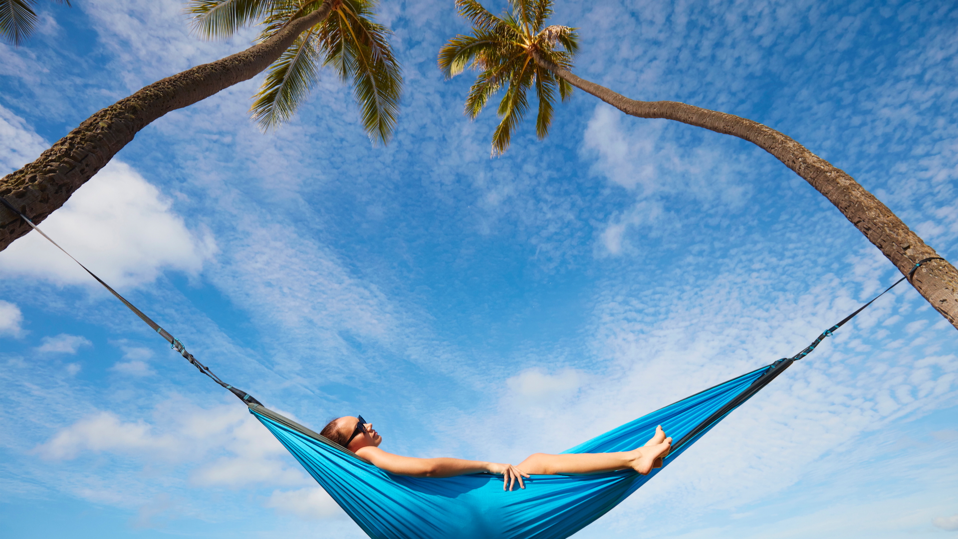 A woman sleeping in a hammock beneath two palm trees and a summery blue sky
