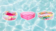 Three pink inflatable pools on a pool water background