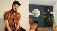 Two pictures - one of Bobby Berk wearing a brown leather shirt and one of a living room with a black feature wall and a wooden dining table