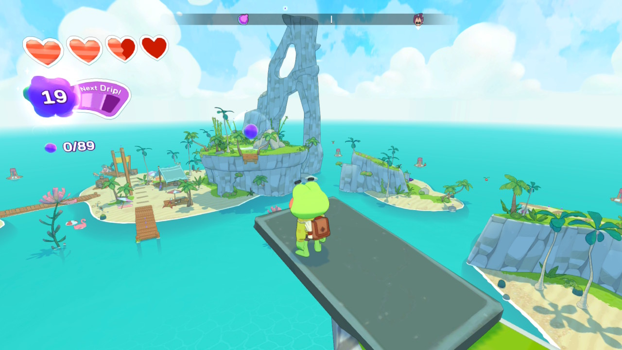 Pantalla colorida de un juego de plataformas retro protagonizado por una rana