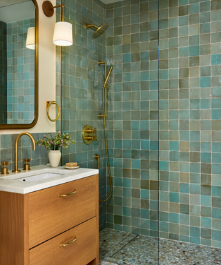 green tiled bathroom in contemporary apartmnet