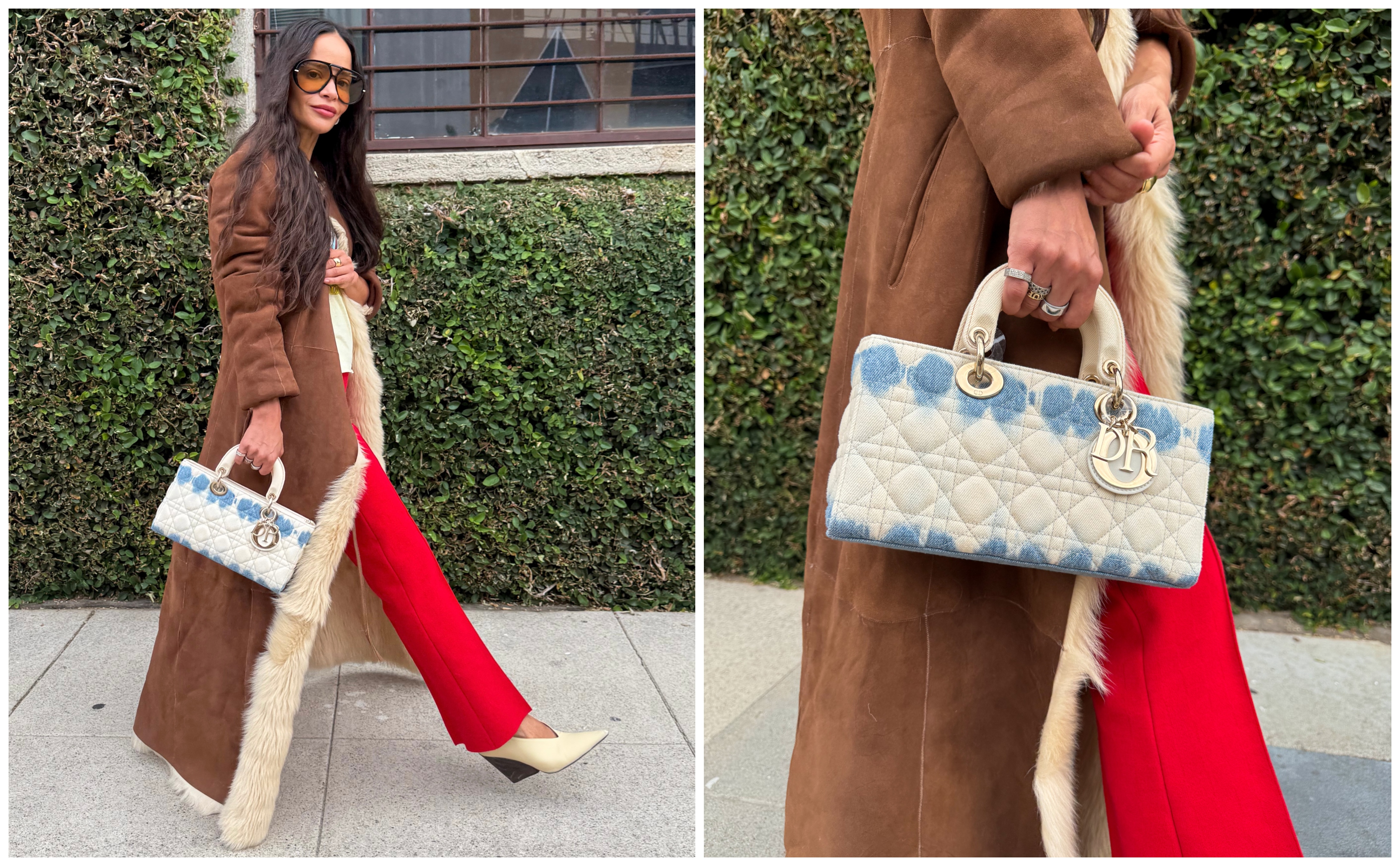 collage of Sophie Lopez wearing brown coat, red pants, dior bag, and heels