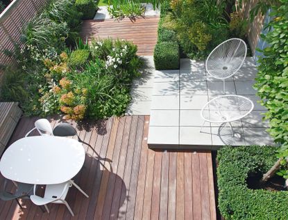 Designing a patio in a sleek, modern geometric-inspired decked and paved scheme.