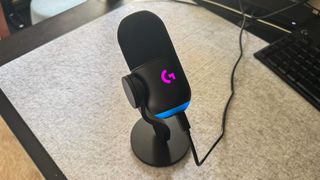 Logitech Yeti GX review image of the microphone with its RGB lighting on