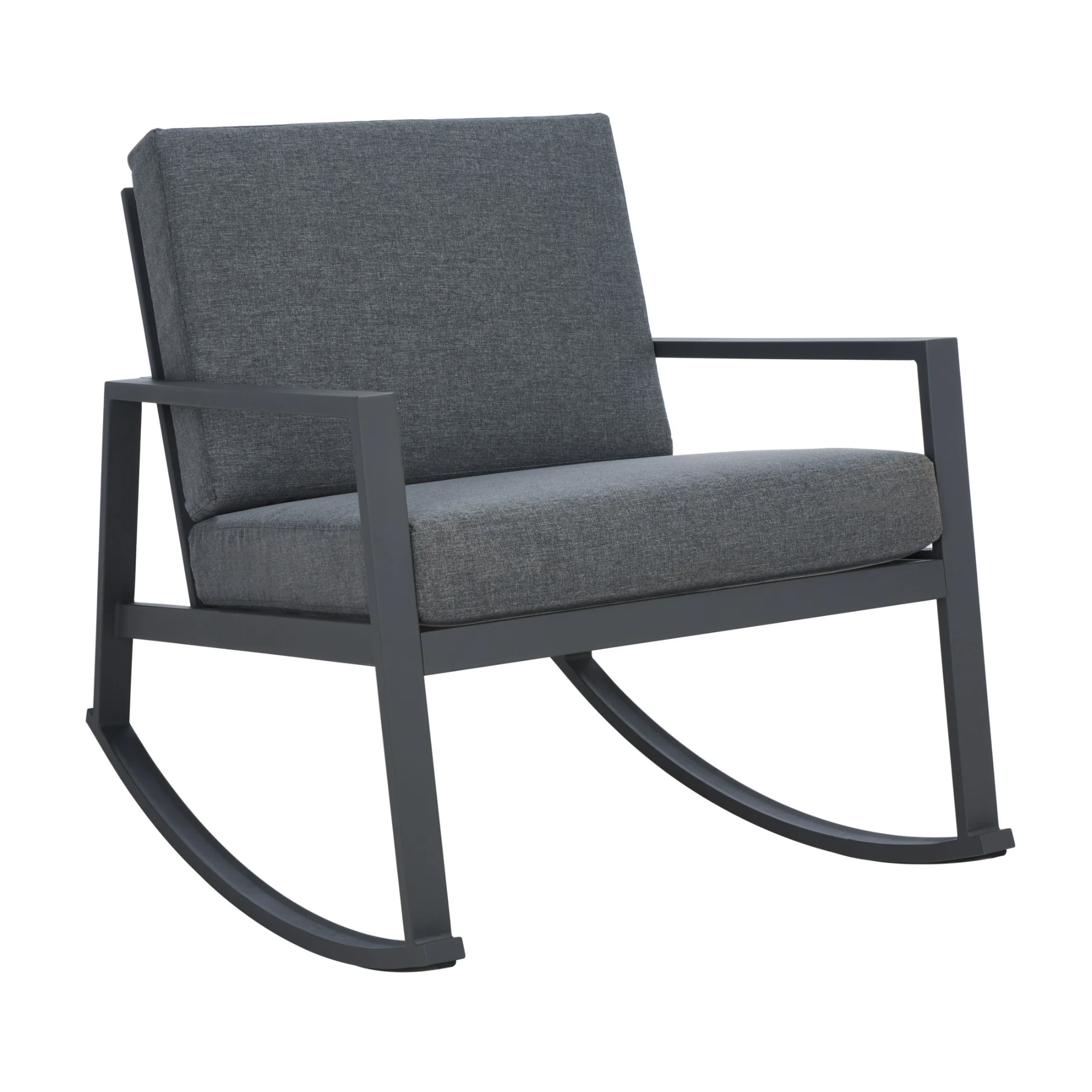 grey outdoor rocking chair with grey cushions