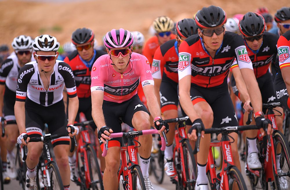 Rohan Dennis surrounded by his BMC teammates during stage 3 at the Giro d'Italia