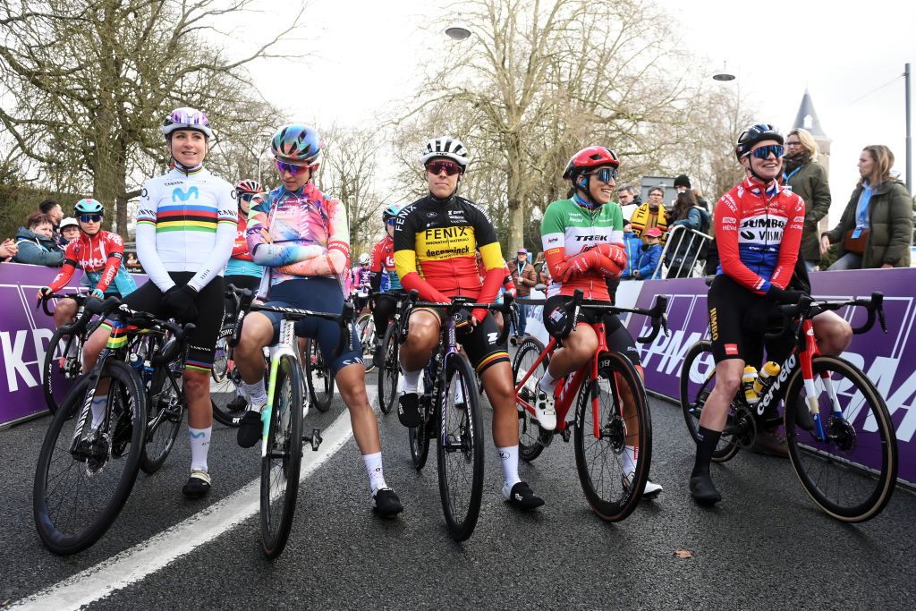 GHENT BELGIUM FEBRUARY 25 LR Annemie Van Vleuten of The Netherlands and Movistar Team Katarzyna Niewiadoma of Poland and Team CanyonSRAM Racing Kim De Baat of Belgium and Team FenixDeceuninck Elisa Balsamo of Italy and Team Trek Segafredo and Riejanne Markus of The Netherlands and Team JumboVisma prior to the 18th Omloop Het Nieuwsblad Elite 2023 Womens Elite a 1322km one day race from Ghent to Ninove OHN23 on February 25 2023 in Ghent Belgium Photo by David StockmanGetty Images