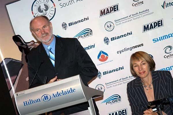 Graham Fredericks, CEO of Cycling Australia, with the South Australian Minister for Tourism. The Hon. Jane Lomax-Smith.