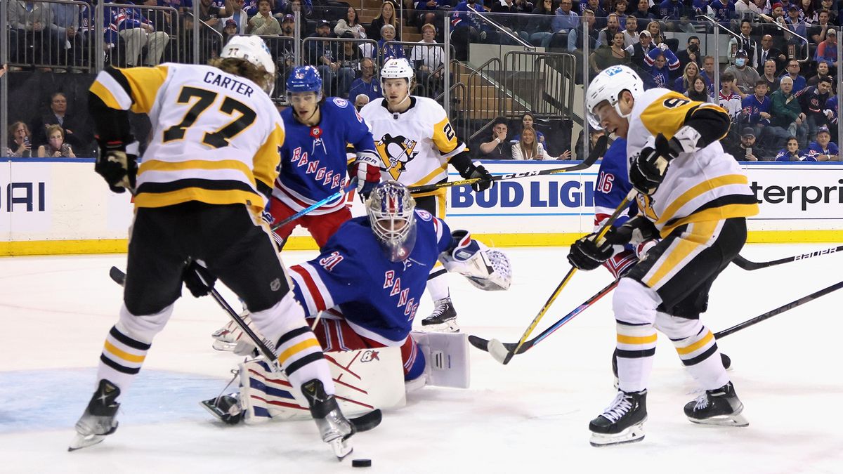 Igor Shesterkin #31 of the New York Rangers skates against the Pittsburgh Penguins in Game Seven of the First Round of the 2022 Stanley Cup Playoffs at Madison Square Garden on May 15, 2022 in New York City.