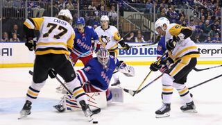 Igor Shesterkin #31 of the New York Rangers skates against the Pittsburgh Penguins in Game Seven of the First Round of the 2022 Stanley Cup Playoffs at Madison Square Garden on May 15, 2022 in New York City.