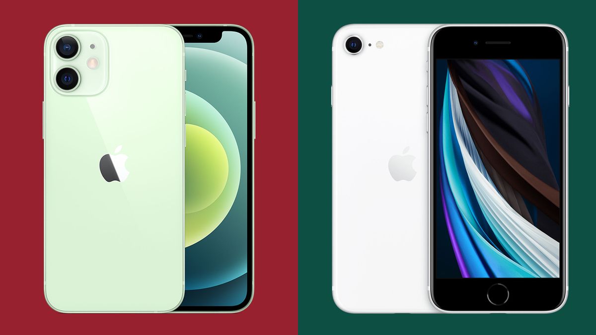 An iPhone 12 mini against a red background and an iPhone SE (2020) against a green one