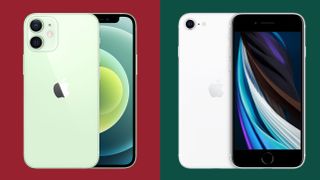 An iPhone 12 mini against a red background and an iPhone SE (2020) against a green one