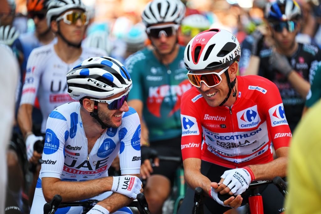 OURENSE SPAIN AUGUST 29 LR Adam Yates of The United Kingdom and UAE Team Emirates Polka dot Mountain Jersey and Ben OConnor of Australia and Team Decathlon AG2R La Mondiale Red Leader Jersey prior to the La Vuelta 79th Tour of Spain 2024 Day 12 a 1375km stage from Ourense Termal to Estacion de Montana de Manzaneda 1491m UCIWT on August 29 2024 in Ourense Spain Photo by Tim de WaeleGetty Images