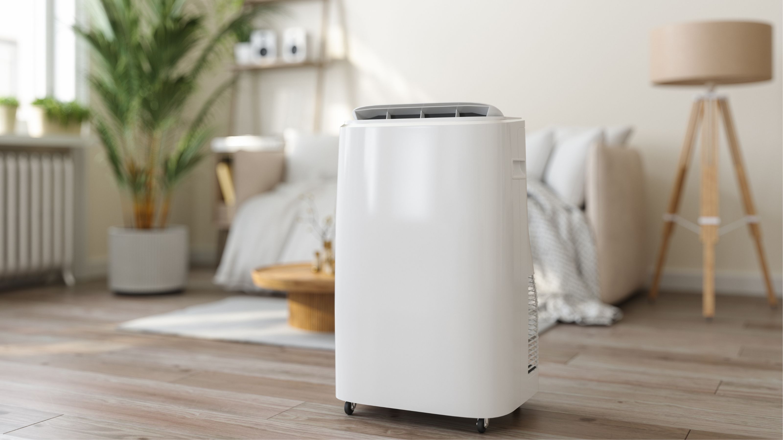 Portable air conditioner in a Scandi inspired living room
