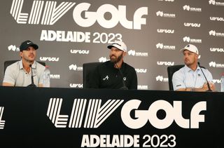 Koepka, Johnson and DeChambeau talk during a LIV Golf press conference