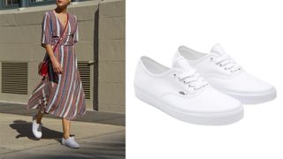 composite of a street style shot of someone wearing white Vans with a dress and a pair of white vans