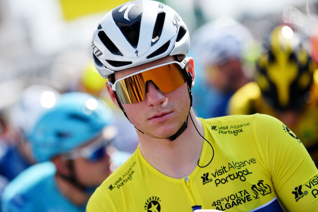 LOULE PORTUGAL FEBRUARY 20 Remco Evenepoel of Belgium and Team QuickStep Alpha Vinyl yellow leader jersey prior to the 48th Volta Ao Algarve 2022 Stage 5 a 173km stage from Lagoa to MalhoLoul 514m VAlgarve2022 on February 20 2022 in Loule Portugal Photo by Luc ClaessenGetty Images