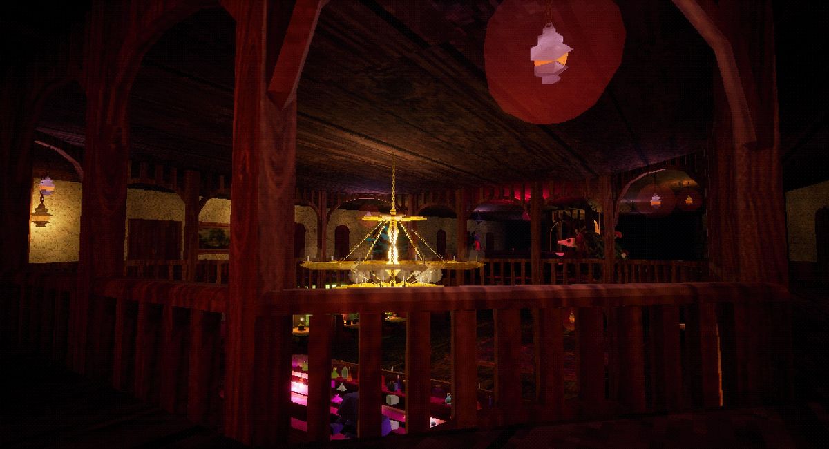 View across balcony at chandelier in center of room