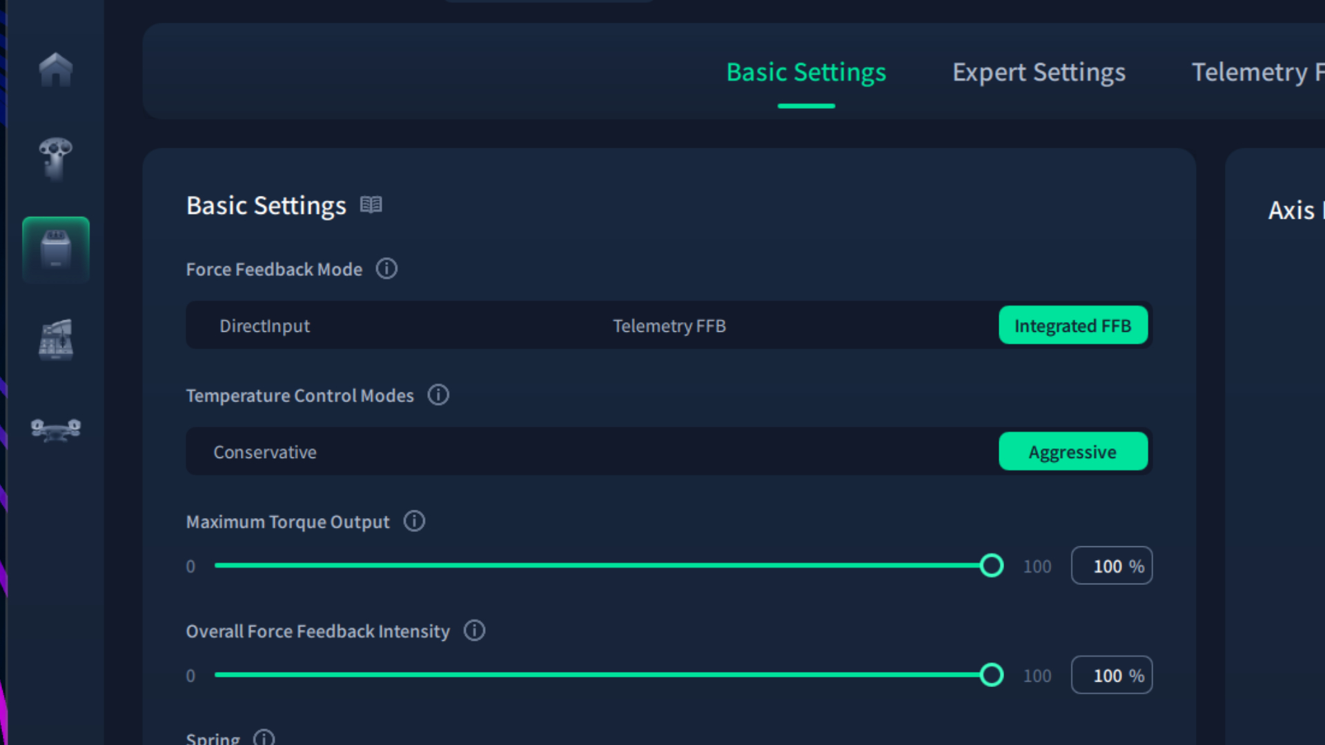 A closeup screenshot of Moza Cockpit's force feedback settings menu