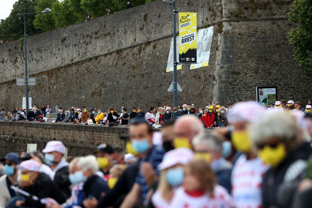 BREST FRANCE JUNE 24 Spectators watching during the 108th Tour de France 2021 Team Presentation Fans Public Covid safety measures Mask LeTour TDF2021 on June 24 2021 in Brest France Photo by Tim de WaeleGetty Images