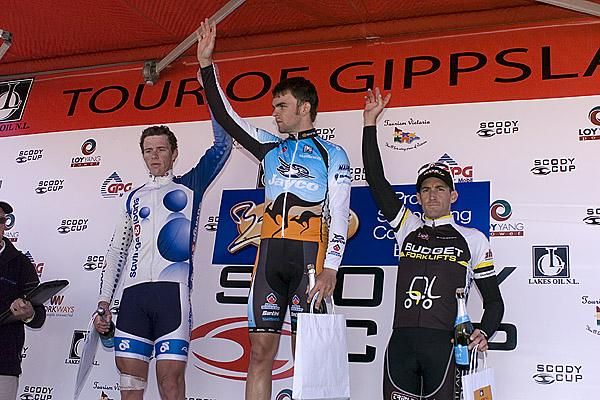 The stage seven podium (l-r): David Pell (2nd,Savings and Loans), Jack Bobridge (1st,Jayco/AIS), and Cody Stevenson (3rd,Budget Forklifts).