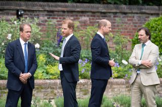 Guy Monson, a member of the statue committee, the Duke of Sussex, the Duke of Cambridge and garden designer Pip Morrison, during the unveiling of a statue they commissioned of the Dukes' mother Diana, Princess of Wales, in the Sunken Garden at Kensington Palace
