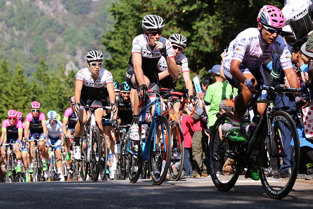 The bunch comes up the climb
