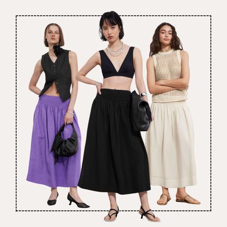 woman in black waistcoat and purple skirt, woman in black top and black skirt, woman in cream top and cream skirt