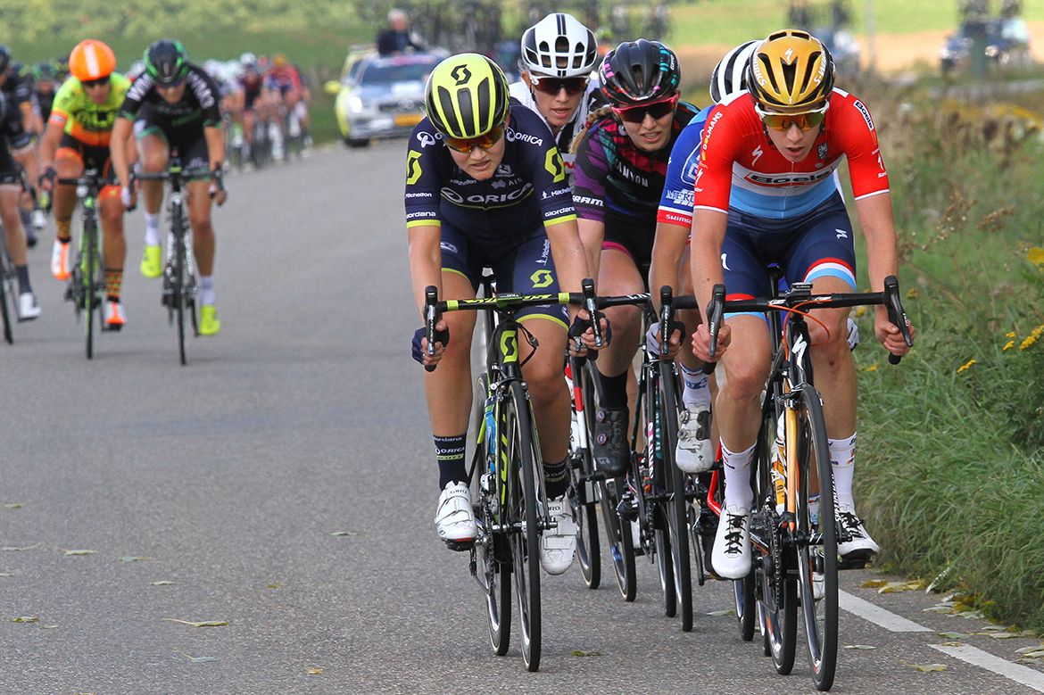 Christine Majerus leading a small move on stage 5 of the Boels Ladies Tour