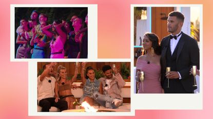 The Love Island 2023 cast in the villa/ in a 3-picture pink and orange template