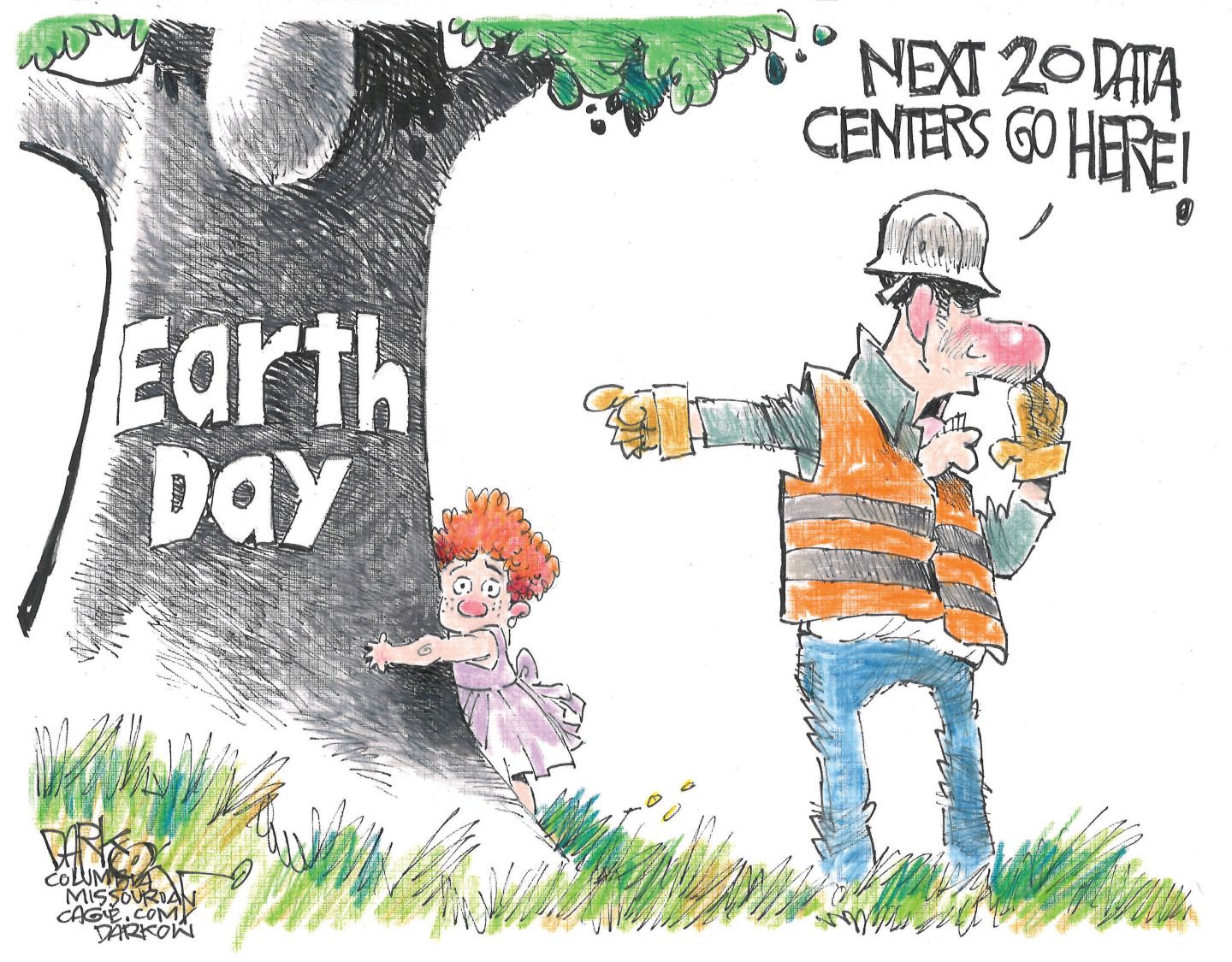 
                                A young girl hugs a tree named “Earth Day”. A man in a hardhat and construction outfit points at the tree and says, “Next 20 data centers go here!”
                            