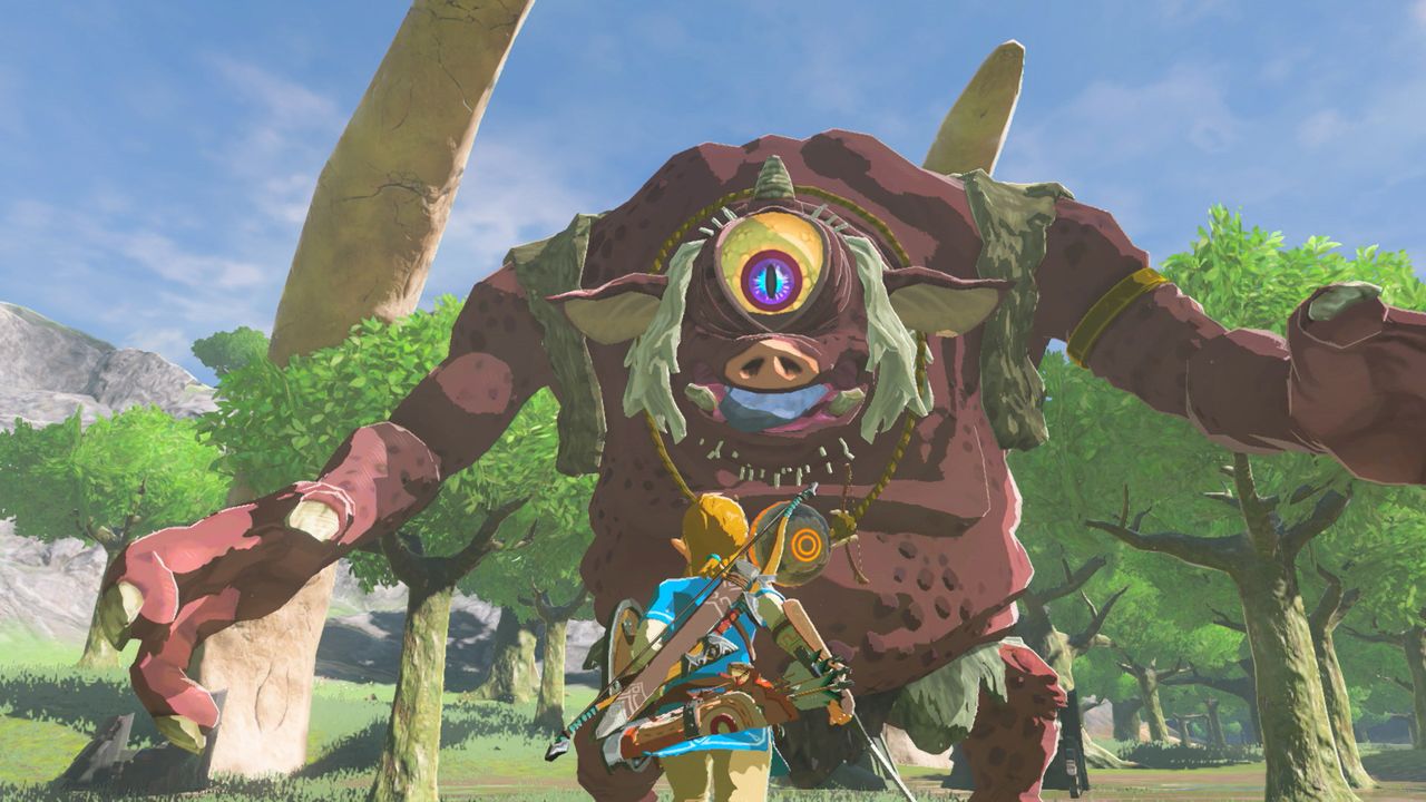 Screenshot from Breath of the Wild showing a large troll looking down at Link.