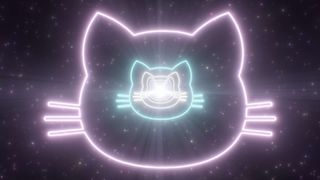 An abstract image of three stylised cat heads, drawn in neon lighting outlines, against a backdrop of a starfield in space