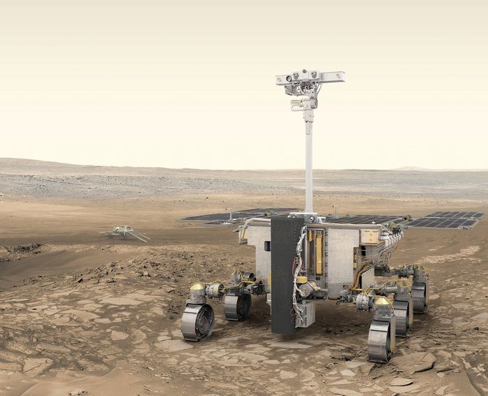  Artist&#039;s illustration of Europe&#039;s ExoMars rover &quot;Rosalind Franklin&quot; (foreground) and Russia&#039;s stationary surface science platform “Kazachok” (background) on the surface of Mars.