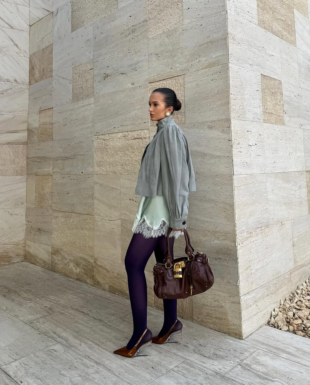 woman wearing wedge heels outfit fall 2025