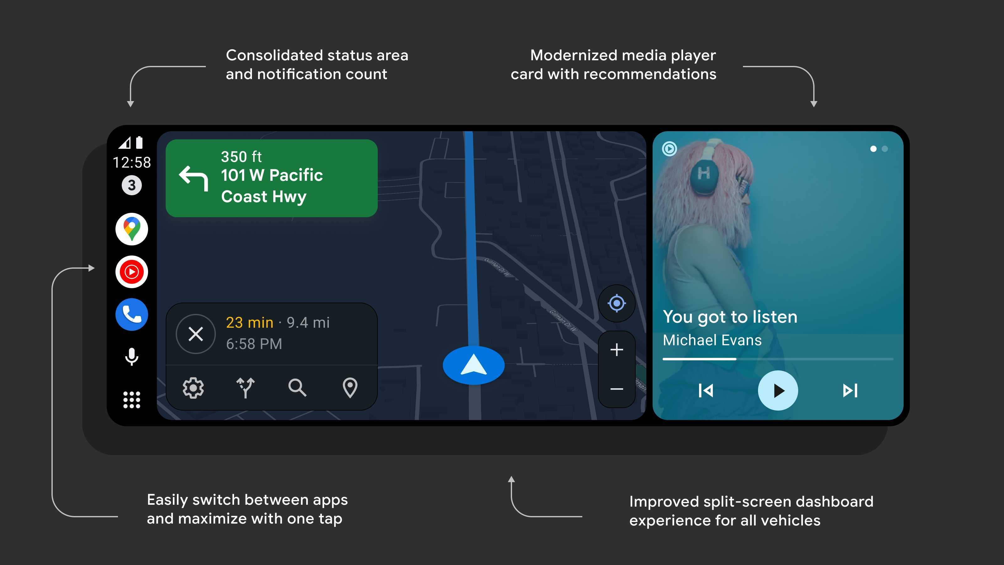 Detalles de la pantalla ancha de Android Auto Coolwalk