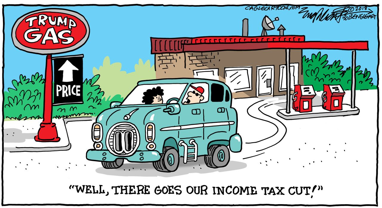 Political cartoon U.S. rising gas prices income tax cuts